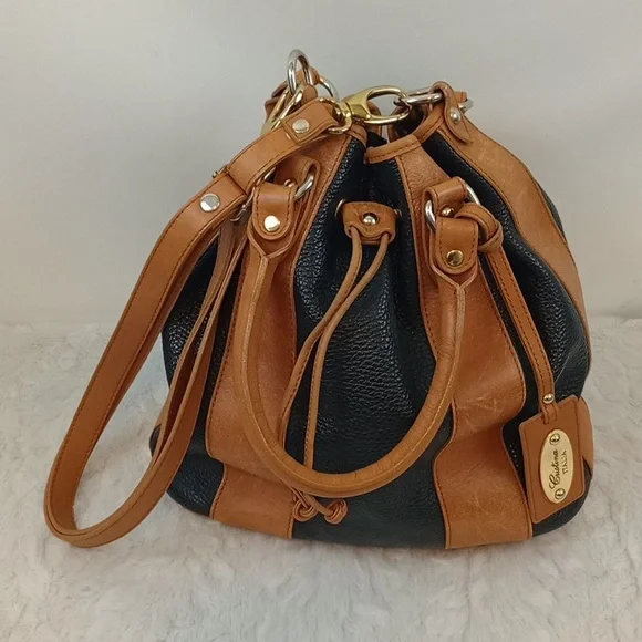 Cristina Italy real leather drawstring bucket bag with strap Black Brown - Picture 1 of 16